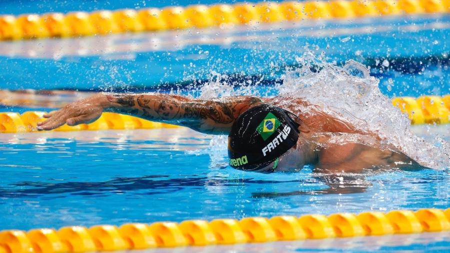 Bruno Fratus, do Brasil, durante a prova qualificatória dos 50m na natação
Imagem: Sátiro Sodré/CBDA